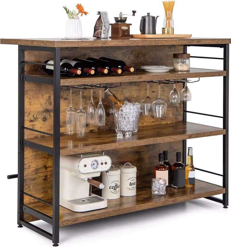 Szafka barowa COSTWAY House, regał kuchenny z 4 otwartymi półkami, stojakiem na wino, uchwytem na kieliszki i podnóżkiem, regał stojący 120 x 60 x 101 cm, rustykalny brąz