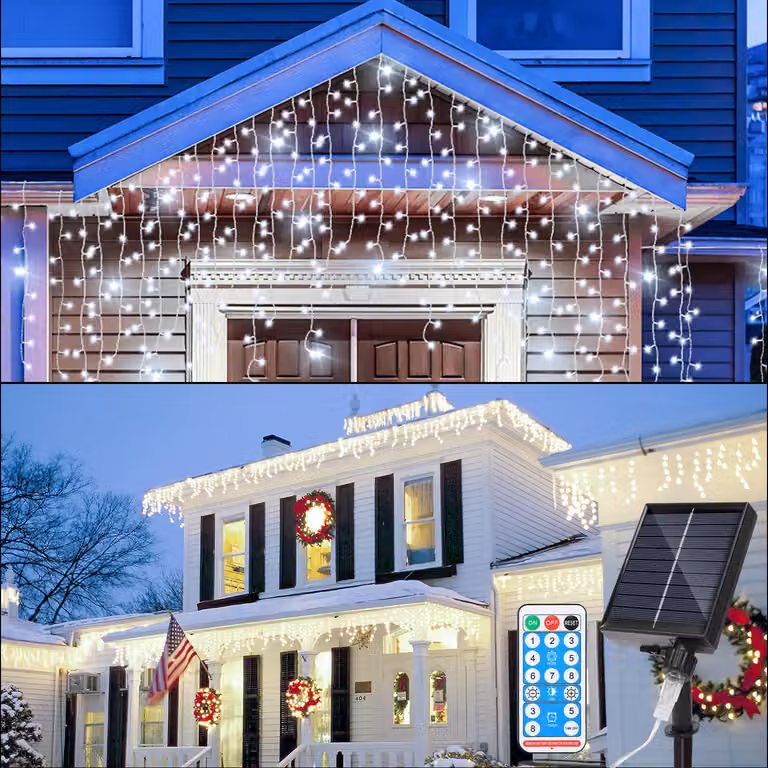 Świąteczna lampka solarna LED Vigevee 15 metrów, wodoodporna, efekt "śniegu", 600 diod LED, dekoracyjny panel świetlny w kształcie lodowych kryształków, z pilotem, do użytku wewnątrz i na zewnątrz, idealna do dekoracji ogrodu, kolor: biały