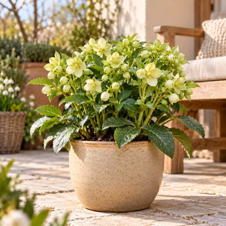 Helleborus lividus 'White' – Mallorceńska helleborus, wieloletnia roślina o białych kwiatach, idealna na taras, balkon i do donic – wysokość 15–20 cm (wraz z doniczką)