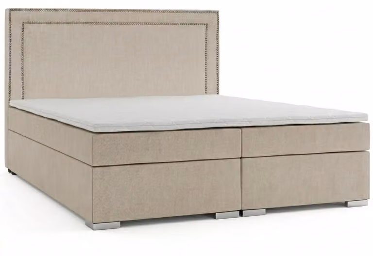 Luksusowe, beżowe łóżko o wymiarach 200x200 cm, z materacem i miejscem do przechowywania. Meble designerskie