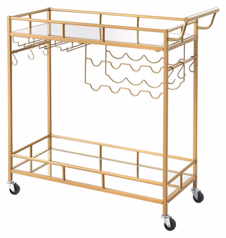 Wózek serwisowy dwup poziomowy, złoty - 880x350x890 mm - szkło i metal - idealny do kuchni, salonu i baru