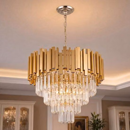 Nowoczesne żyrandole, kryształ, złoto, design. Okrągła lampa wisząca z 7 żarówkami, lampa sufitowa, idealna do jadalni, salonu, sypialni, przedpokoju. Szerokość: 50 cm
