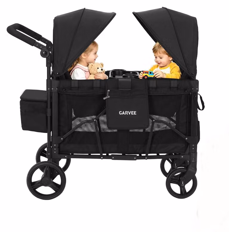 Wózek dziecięcy typu buggy – składany, dwuosobowy – zdejmowany dach – opony terenowe – do pchania i ciągnięcia – nośność do 60 kg – czarny