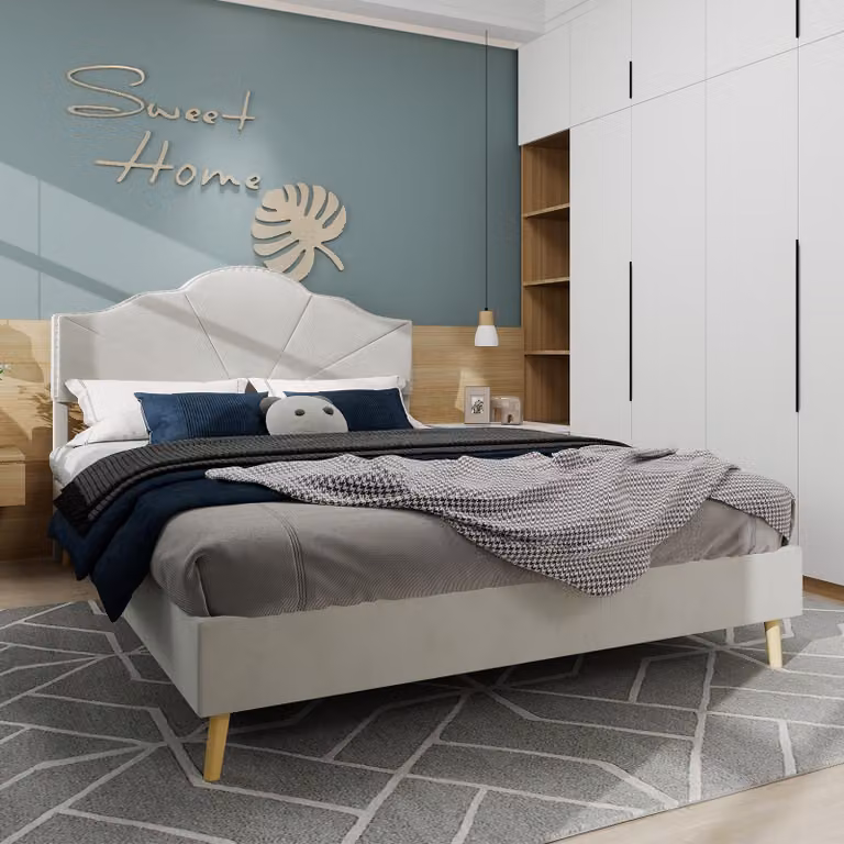 Sweiko Nowoczesne minimalistyczne miękkie łóżko, wygodne i miękkie wezgłowie, 160x200CM, beżowe, wielofunkcyjne meble do sypialni, niska rama łóżka nie zawiera drążka gazowego, nie zawiera materaca.