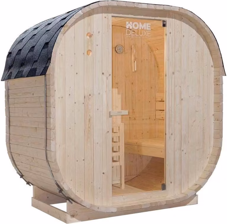 HOME DELUXE - Sauna zewnętrzna CUBE M - wymiary: ok. 194 cm x 195 cm x 120 cm, drewno: drewno świerkowe - w zestawie piec do sauny i akcesoria do sauny I Sauna ogrodowa, sauna zewnętrzna, beczka do sauny dla 2 osób
