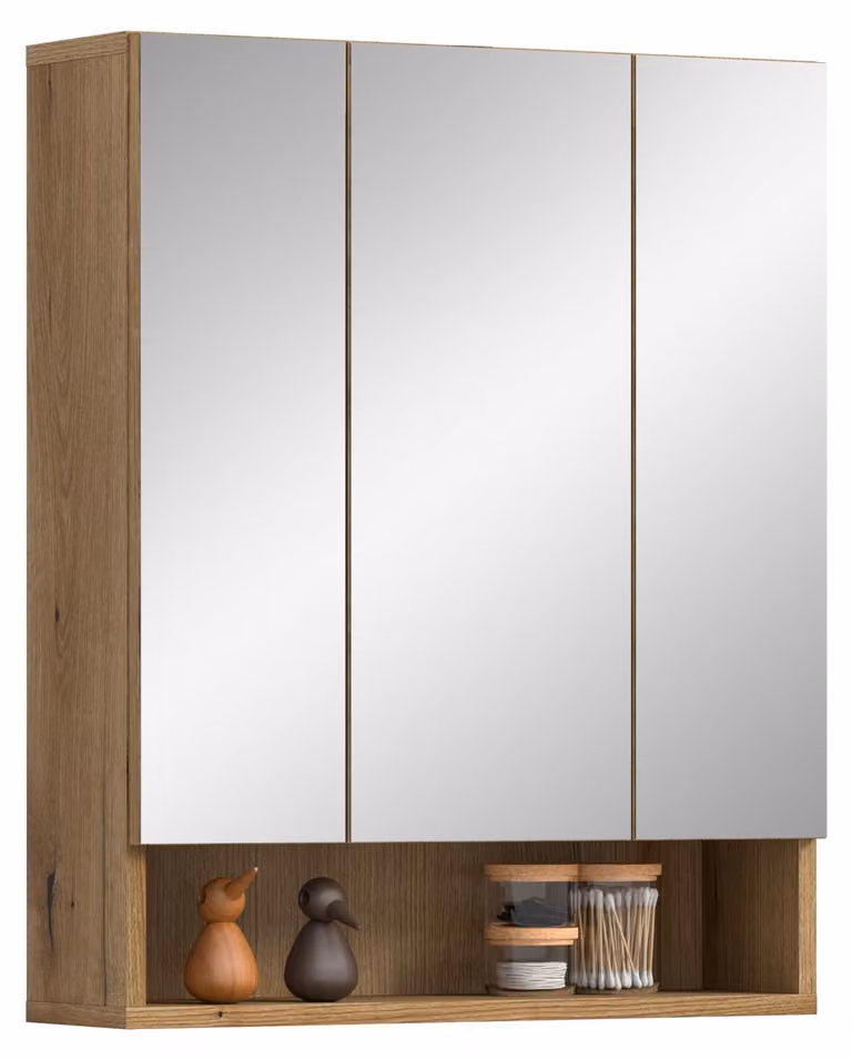 Lustro w obudowie, 60x74x18 cm, imitacja dębu, 3 drzwi, 6 półek, 1 komora