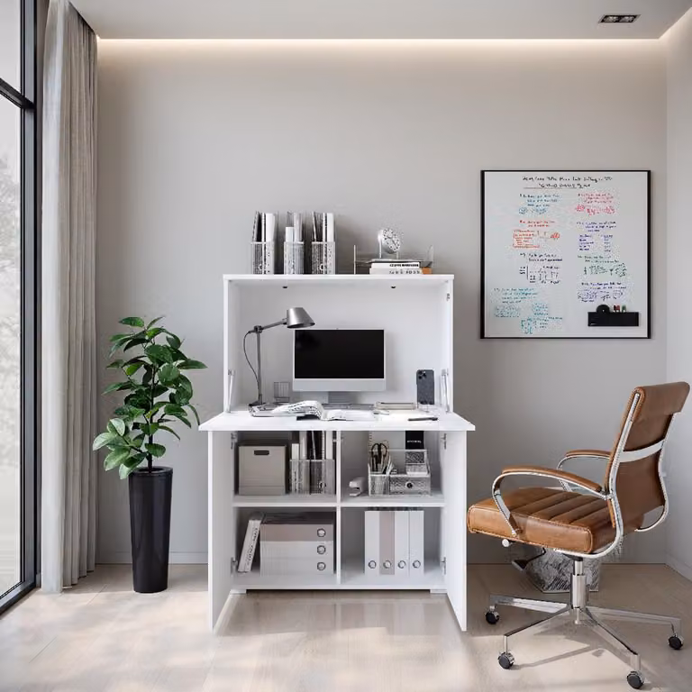 MINIO Sekretarz VEVE OFFICE 90 z oświetleniem LED, szafka biurowa 90 x 125,1 x 42 cm – biały / biały, wysoki połysk
