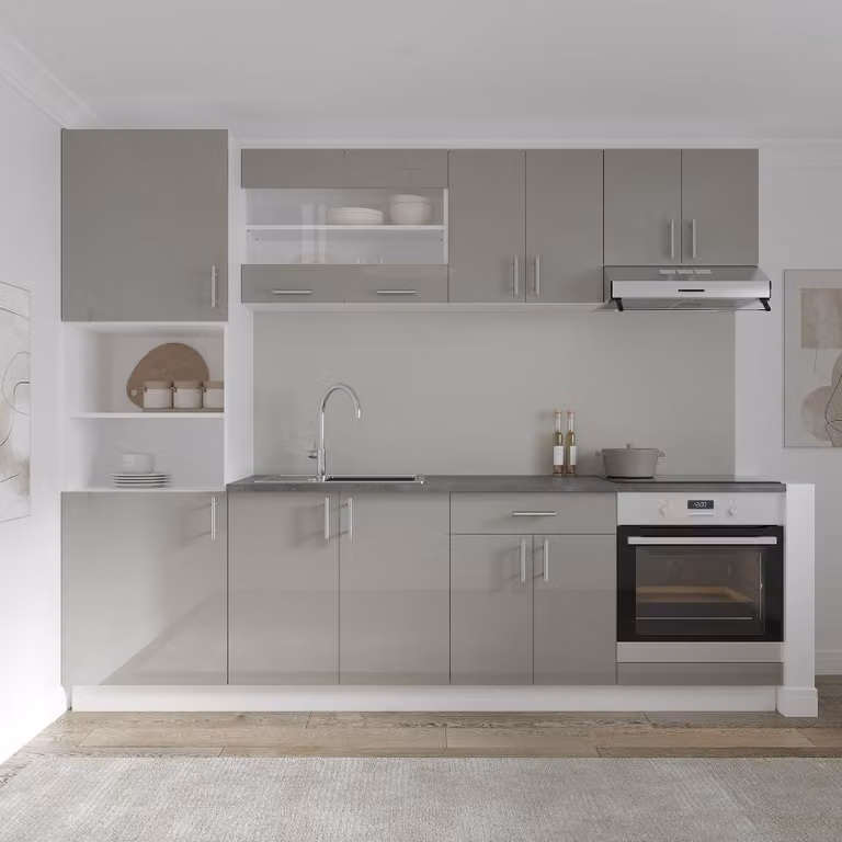 Szafka kuchenna Karo V20, kolor: szary/biały (wysoki połysk), materiał: MDF, blat: Thermo, grubość 28 mm, szerokość: 260 cm