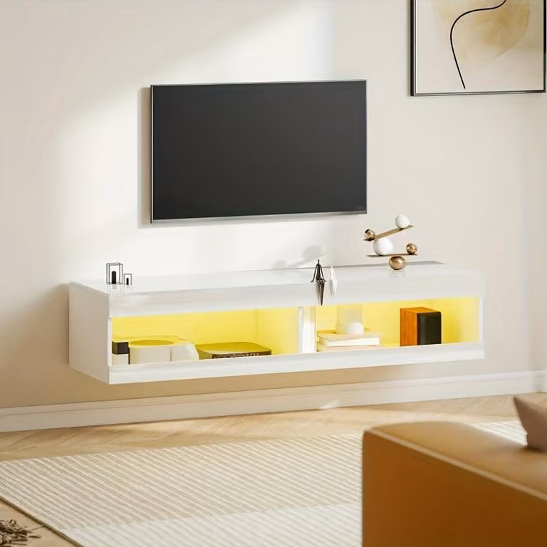 Szafka RTV – Szafka ścienna na sprzęt multimedialny – Szafka ścienna z otwartą półką – Błyszcząca biel, 140x40x30 cm