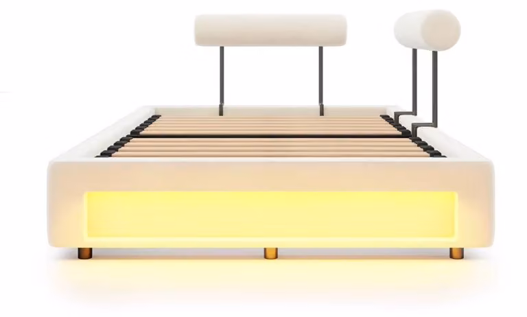 Łóżko tapicerowane - platforma - 140 x 200 cm - oparcie z 4-stopniową regulacją - obicie z weluru - bez materaca - kolor beżowy