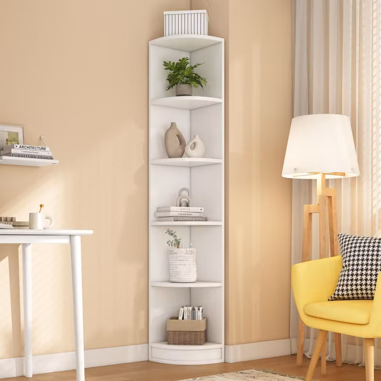 Półka narożna na książki z 5 półkami, wymiary 42 x 30 x 180 cm, oszczędna narożna półka wykonana z MDF, trójkątny kształt idealny do przechowywania książek i dekoracji, kolor biały