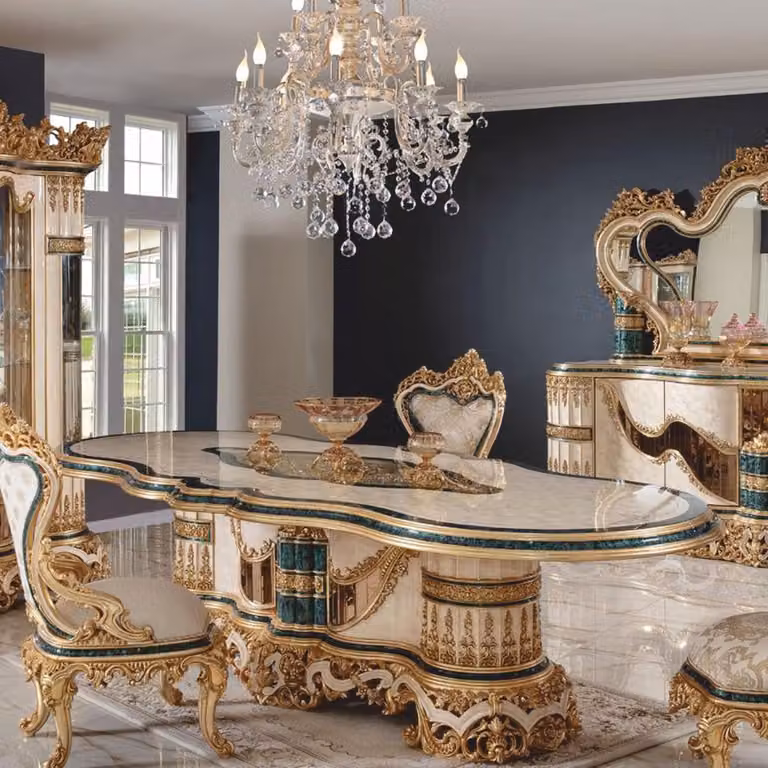 Stół jadalniany Casa Padrino w stylu barokowym, biały/beżowy/zielony/złoty, 307 cm - Eleganckie meble do jadalni w stylu barokowym