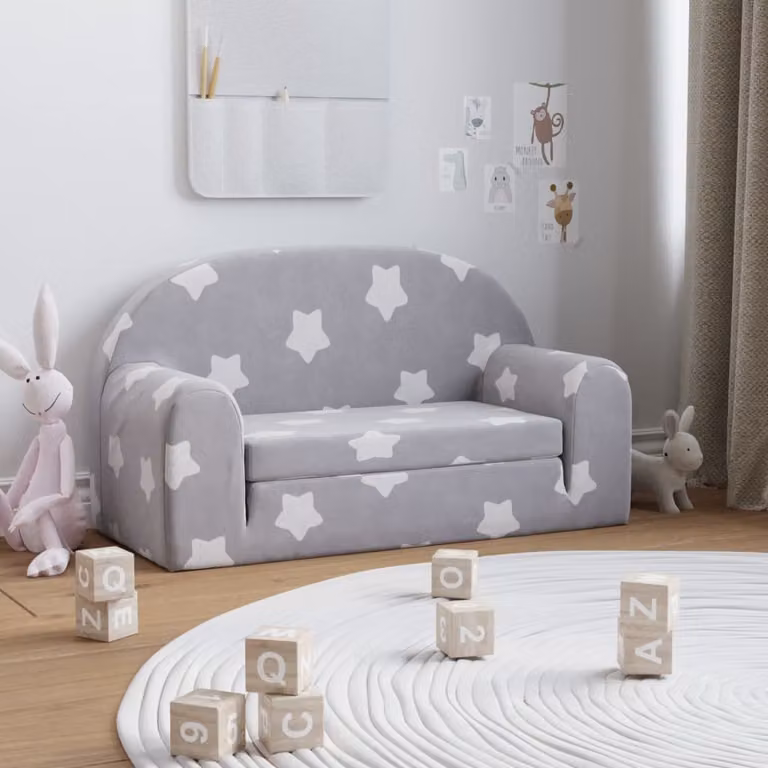 Maison Exclusive - Rozkładana sofa dla dzieci, dwuosobowa, jasnoszara, z motywem gwiazd, wykonana z miękkiego pluszu