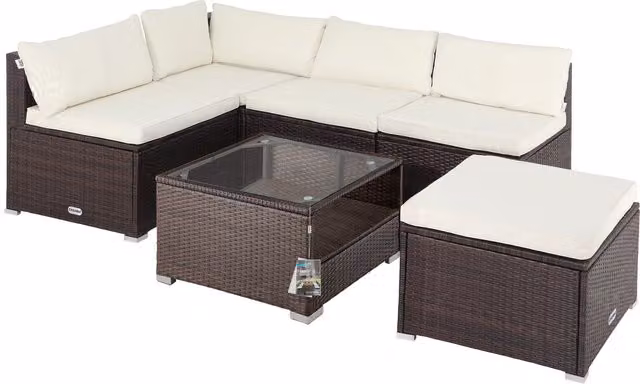Narożnik ogrodowy CASARIA w kształcie litery L, brązowo-beżowy, z zestawem mebli i poduszkami, W: 210 cm, S: 210 cm, G: 70 cm