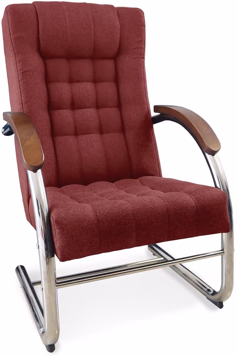 Fotel tapicerowany ANMIL FINKA, kolor bordowy, na metalowej ramie, wymiary: 62 x 70 x 107 cm – Nowoczesny fotel zapewniający komfort, z drewnianymi podłokietnikami i pikowaną tapicerką