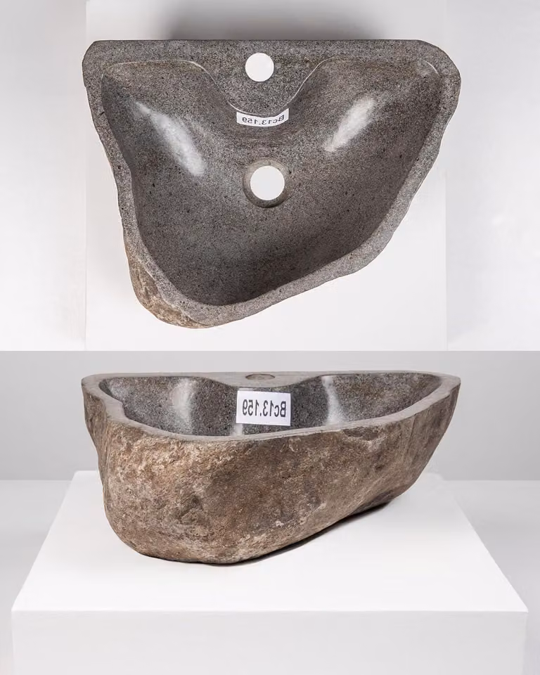 Umywalka z kamienia - Umywalka nablatowa z naturalnego kamienia - Dekoracja łazienki - Unikalny design z wykorzystaniem kamienia rzecznego - Średnica 40 cm - Szara