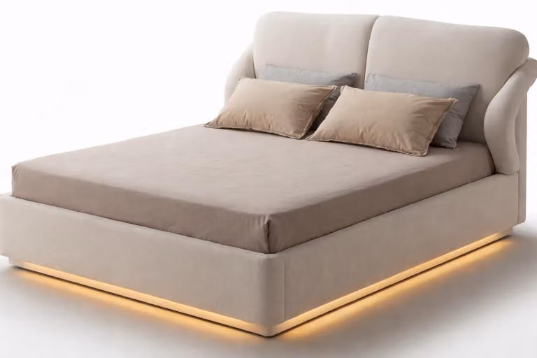 Eleganckie, beżowe łóżko, miękkie łóżko, designerskie łóżko, meble do sypialni