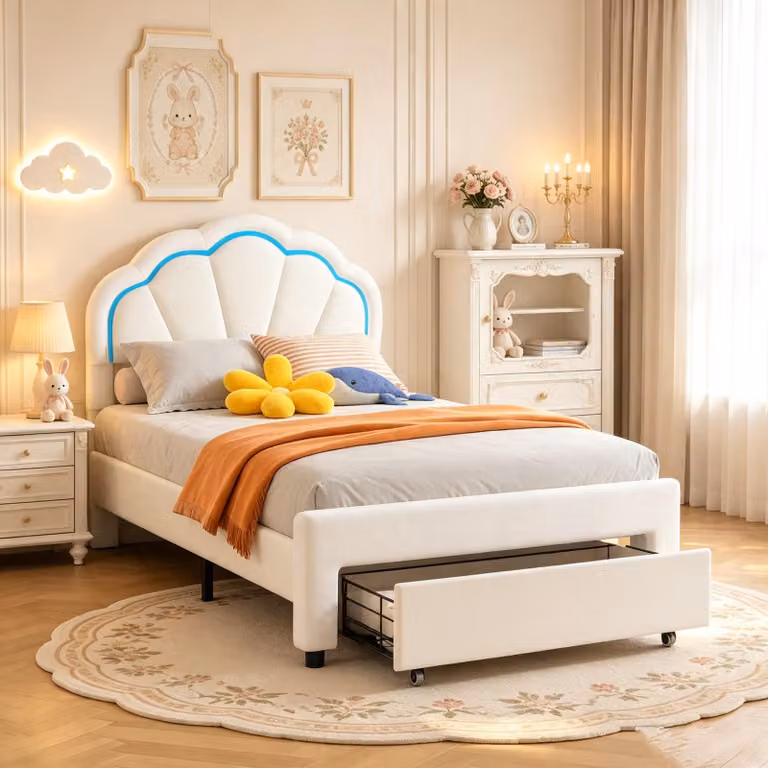 Łóżeczko dziecięce INONEFT, 90 x 200 cm, łóżko tapicerowane z oświetleniem LED, regulowane zagłówek w kształcie kwiatu, łóżko jednoosobowe, łóżko młodzieżowe, aksamit, białe