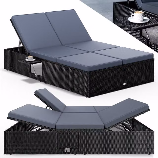 Leżak ogrodowy CASARIA polirattanowy czarny antracyt W x S x G: 220 x 115 x 33 cm z regulowanym zagłówkiem i stolikiem bocznym