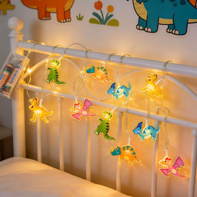 Girlanda świetlna z motywem dinozaurów, długość 1,5 m, 10 ciepłych, białych diod LED, zasilana bateriami