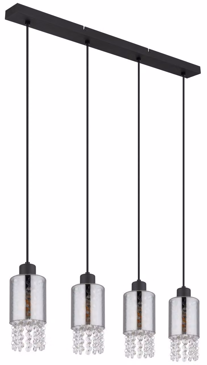 Globo Lighting lampa wisząca metal czarny mat, szkło w kolorze dymu, szklane kryształy przezroczyste, kabel PVC czarny, DxWxH: 730x100x1200mm, bez 4x E27 40W 230V