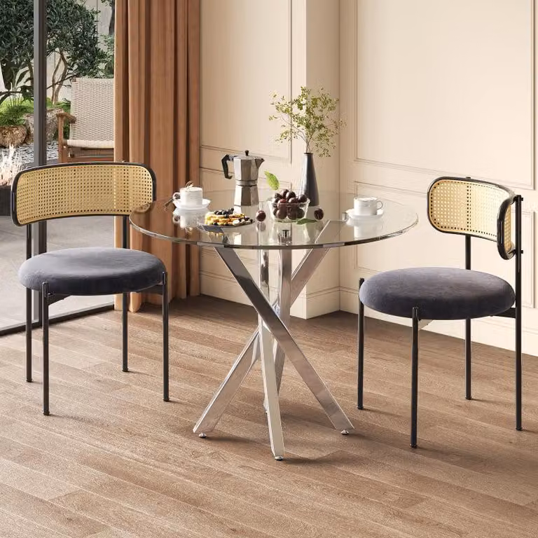 Stół Ronde – stół do jadalni – stół kuchenny – blat szklany, wymiary 80x80x75 cm – nogi metalowe – design nowoczesny