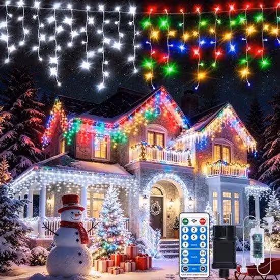 Łańcuch świetlny zewnętrzny 3w1, 25 + 5 metrów, 660 diod LED, dekoracje świąteczne, efekt "śniegu", do użytku zewnętrznego, z 8 trybami, pilotem i timerem, wodoszczelność IP65, idealny jako dekoracja na krawędź dachu lub balkon