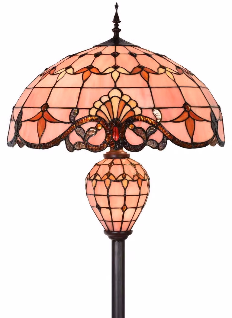 Lampa stojąca w stylu Tiffany, z kolorowymi witrażami, podwójne źródło światła, różowa, wysokość 50,8 cm