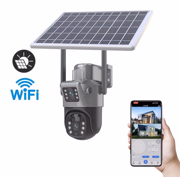 Kamera monitoringu zewnętrznego zasilana energią słoneczną - kamera bezpieczeństwa WiFi z podwójnym obiektywem - 8 MP - 4K - czujnik ruchu PIR - noktowizor do 30 metrów - obracanie o 270° w poziomie i 90° w pionie