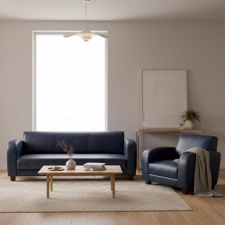 Brązowy zestaw do salonu: 3-osobowa sofa skórzana oraz fotel, design