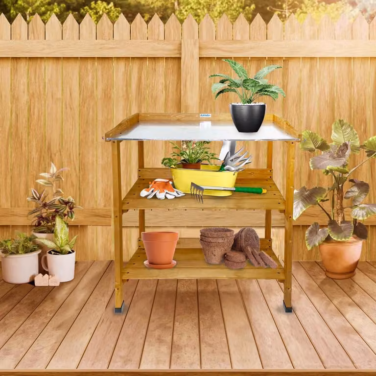 Stół roboczy do ogrodu – stół do pielęgnacji roślin – blat ze stalą galwanizowaną – 76x37x92 cm – kolor brązowy