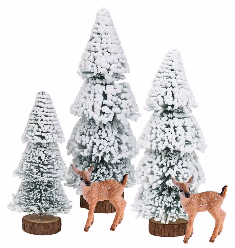 Zestaw mini choinek świątecznych, 5 sztuk, 15-25 cm, sztuczne drzewka świerkowe z figurkami jeleni, idealne do dekoracji stołu, kolor zielony