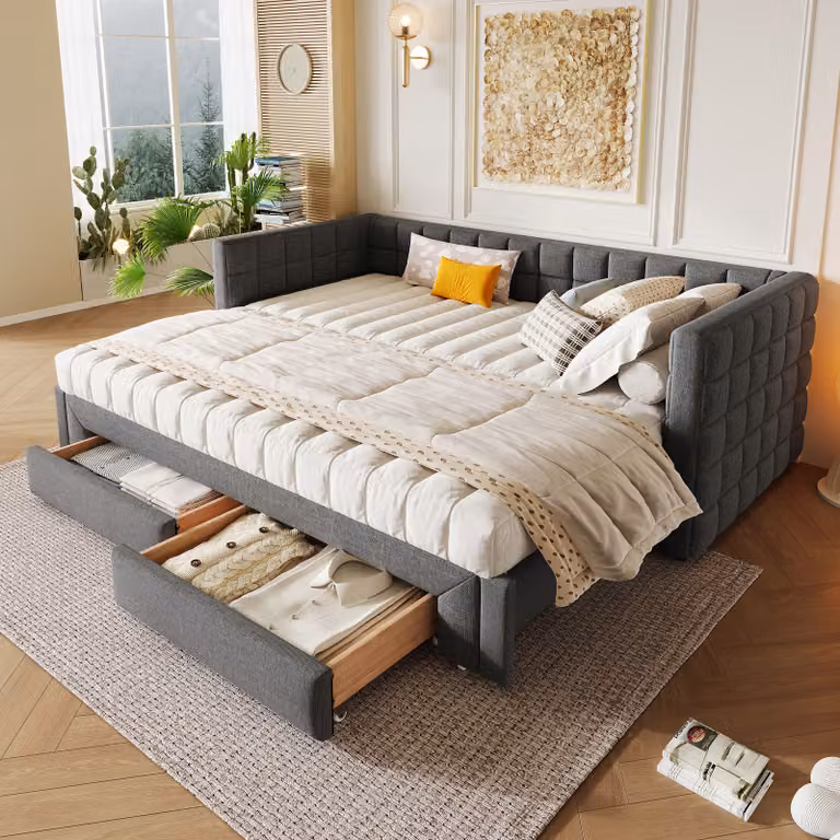 Łóżko tapicerowane Flieks 90x200/180x200cm z 2 szufladami, rozkładana sofa z wysuwanym łóżkiem, sofa z funkcją spania, drewniane łóżko rozkładana sofa, aksamit