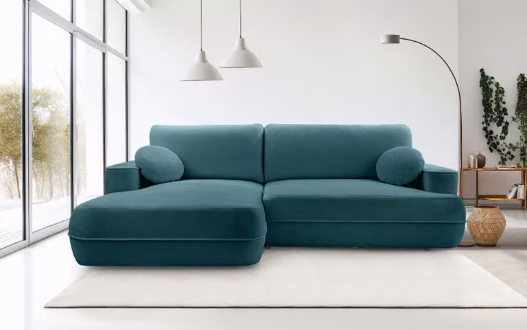 DomoHome Sofa narożna FUEGO 260x168 cm turkusowa lewa strona z funkcją spania 140x240 cm, skandynawski design, sofa z pojemnikiem na pościel, tkanina Bubble, nowoczesna sofa do salonu
