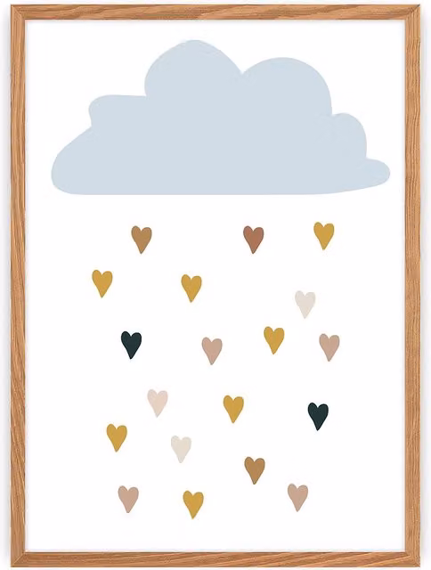 Plakat papierowy Yellowtipi Rain of Love w kolorach niebieskim i wielokolorowym, ilustracja abstrakcyjna o motywie dzieci i walentynek