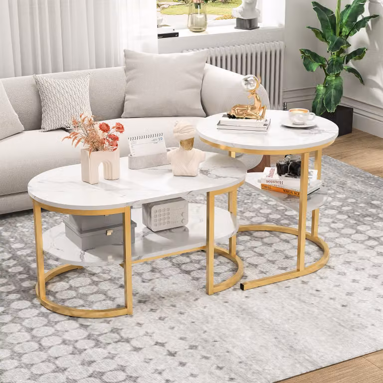 CDGlobal zestaw 2 stolików kawowych z żelazną ramą, stolik kawowy o marmurowym wyglądzie, stolik kawowy sofa stolik do salonu stolik nowoczesny