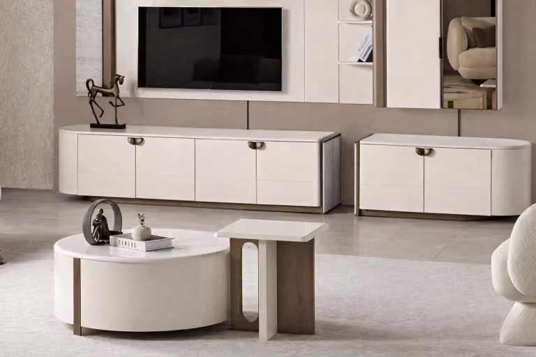 Moduł telewizyjny do salonu, stolik kawowy, stolik pomocniczy – design