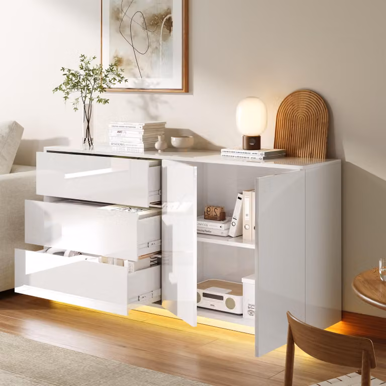 Komoda ProximaX 160 x 76 x 35 cm, biała, z połyskiem i oświetleniem LED – 3 szuflady i 2 drzwiczki, nowoczesne meble do salonu