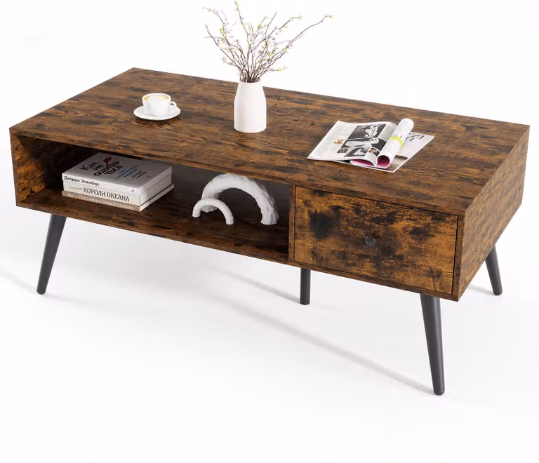 Stolik kawowy COSTWAY z szufladą, schowkiem, otwartą przegrodą, stolik do salonu, drewniany stolik do sofy, stolik kawowy, 109 x 55 x 39,5 cm