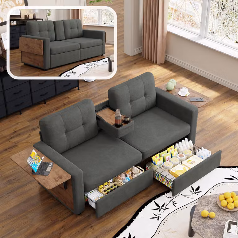 Dwuosobowa sofa, 2 pojemniki, regulowana wysokość siedziska, wysuwany stolik na laptop, uchwyty na napoje, materiał: chenille