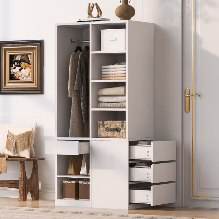 Szafka z szufladami, garderoba z półkami i drążkiem na wieszaki, wysoka szafka z miejscem do przechowywania, wymiary: 70x50x170 cm, kolor: biały, materiał: MDF + płyta wiórowa