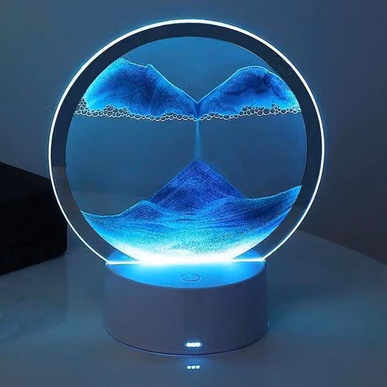 Lampa stołowa Zandkunst - Niebieska - Obrazy z piasku w technologii 3D - Wysokiej jakości materiały: metal i szkło - Idealna do dekoracji i jako prezent