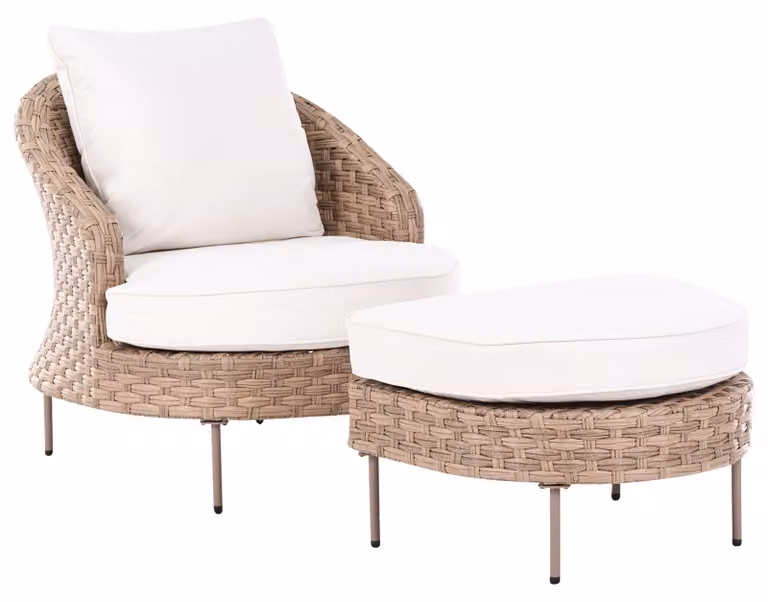 BELIANI Fotel ogrodowy z podnóżkiem brązowy odcień biała poducha technorattan boho design meble zewnętrzne