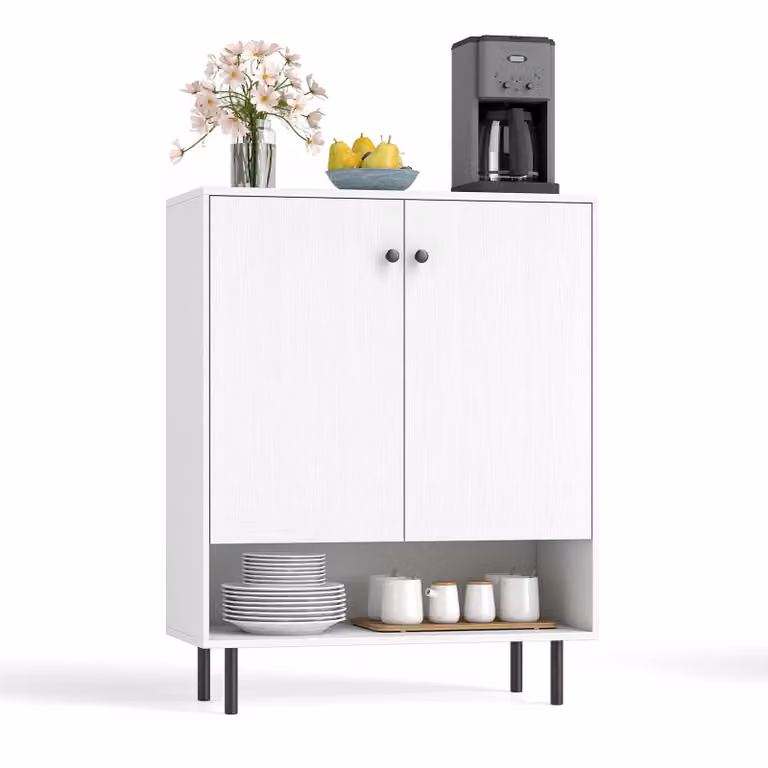 COSTWAY Sideboard Buffet Cabinet, szafka kuchenna z 2 drzwiami, regulowaną półką i antypoślizgową nowoczesną szafką kawową z połowy wieku, biała