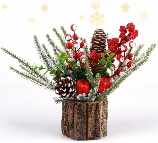 CHOINKA CHENYU, ozdobiona, mini choinka z czerwonymi jagodami i szyszkami, kompozycja świąteczna, stół, choinka na Boże Narodzenie (25 cm, gałęzie w kolorach zieleni i bieli, cylindryczna)
