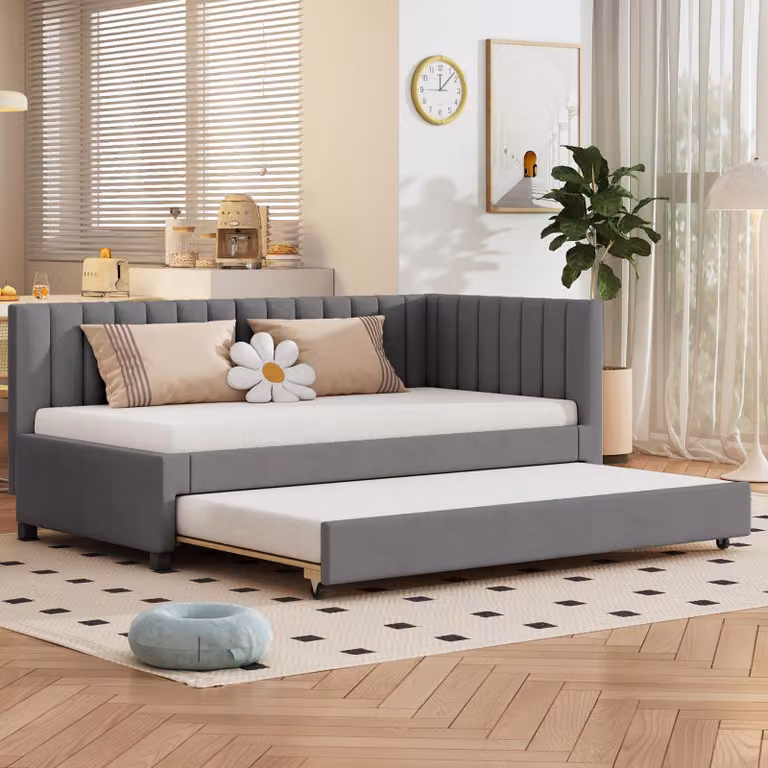 Łóżko tapicerowane o wymiarach 90 x 200 cm z obiciem z weluru i możliwością rozkładania – sofa wypoczynkowa z materacem sprężynowym i tapicerowanym zagłówkiem, idealna jako łóżko dla gości, dostępne w kolorze szarym