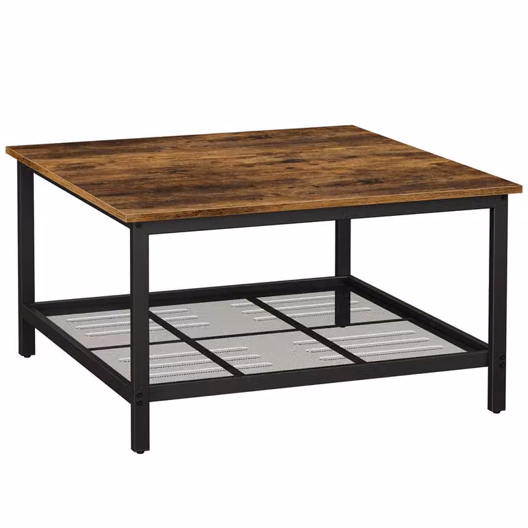 BEGRYF Stół kawowy ciemny brąz z półką do salonu 80x80x45, industrialny styl loftowy, metalowa konstrukcja, kwadratowy blat vintage
