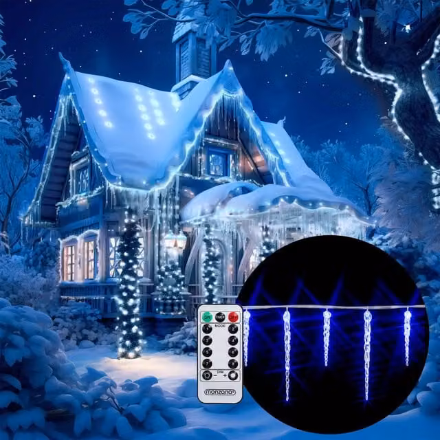 Niebieskie lampki LED Sople Monzana z pilotem i 8 trybami świecenia