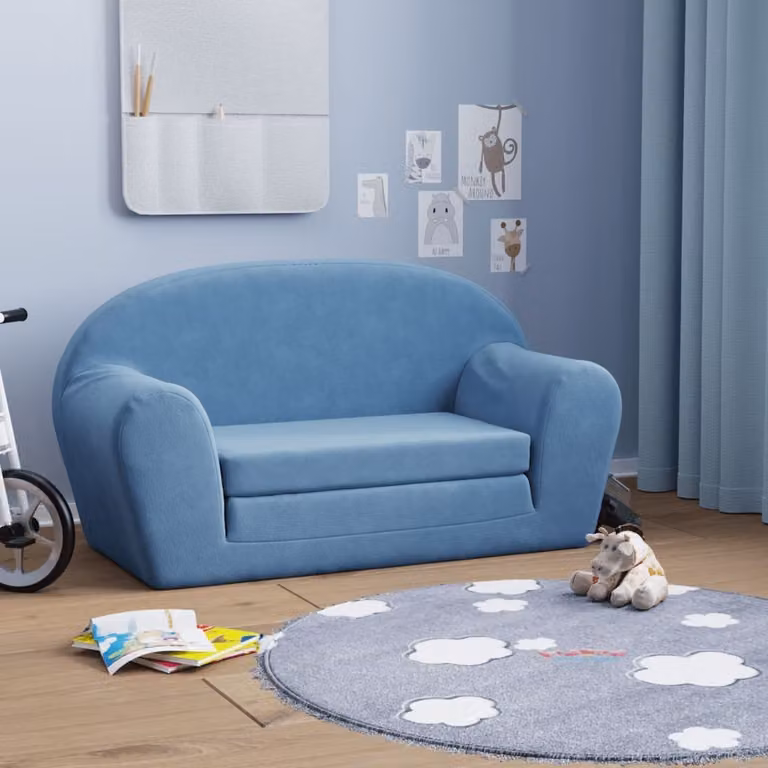 Maison Exclusive – dwuosobowa rozkładana sofa dla dzieci, niebieska, z miękkim pluszem