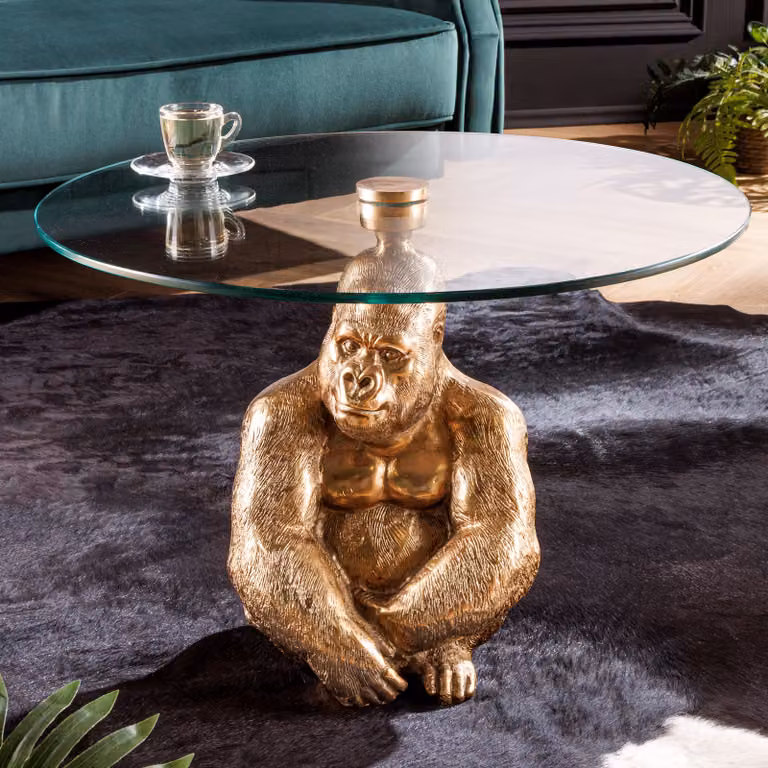 Stolik kawowy riess-ambiente WILDLIFE KONG, 60 cm, złoty, metal, szkło, figurka małpy, rzeźba goryla, okrągły